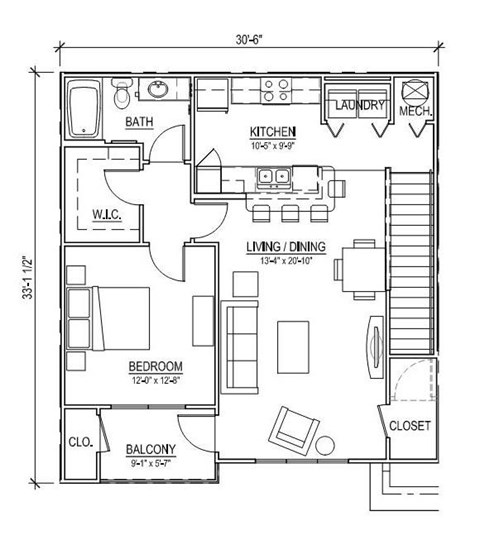 A floor plan of a small apartment with a bedroom, living room, kitchen, and bathroom.